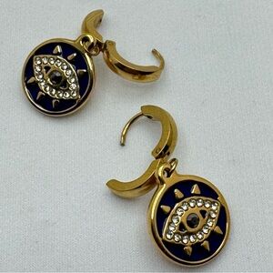 Gold Tone Evil Eye Rhinestone Hoop Drop Earrings Black Enamel Boho Statement